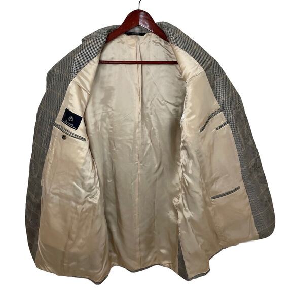 Faconnable Wool Silk Windowpane Houndstooth Blazer Tan Navy Green Men’s Sz 42L - Picture 4 of 13